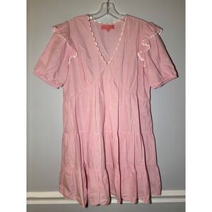 Simply Southern Dress Womens Small Pink Tiered Ruffle Scallop V-Neck Cotton Mini
